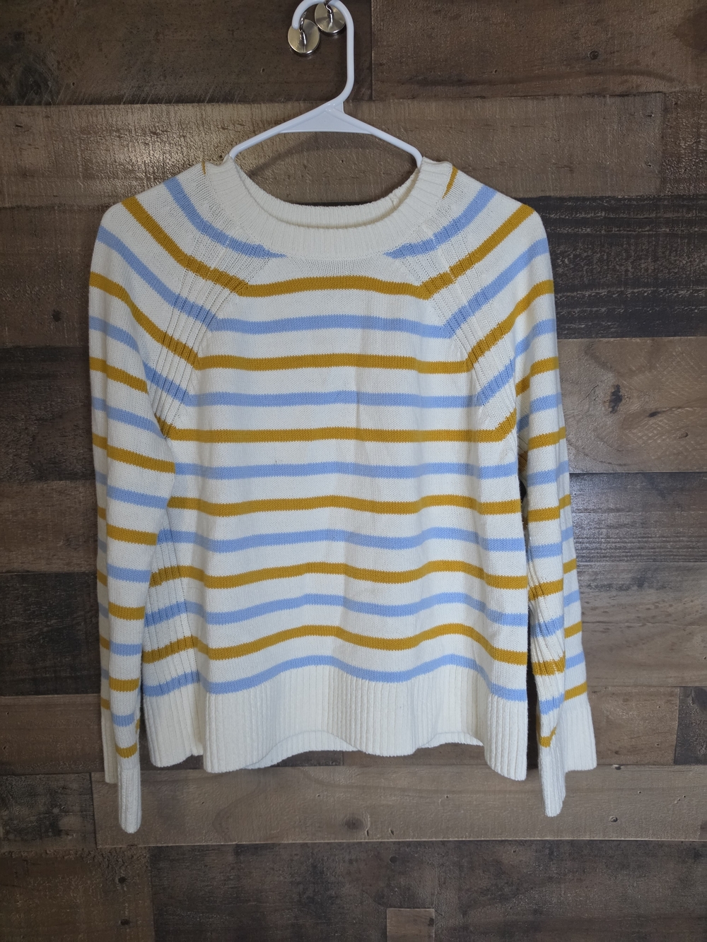 LOFT Cream Sweater with Mustard and Light Blue Stripes